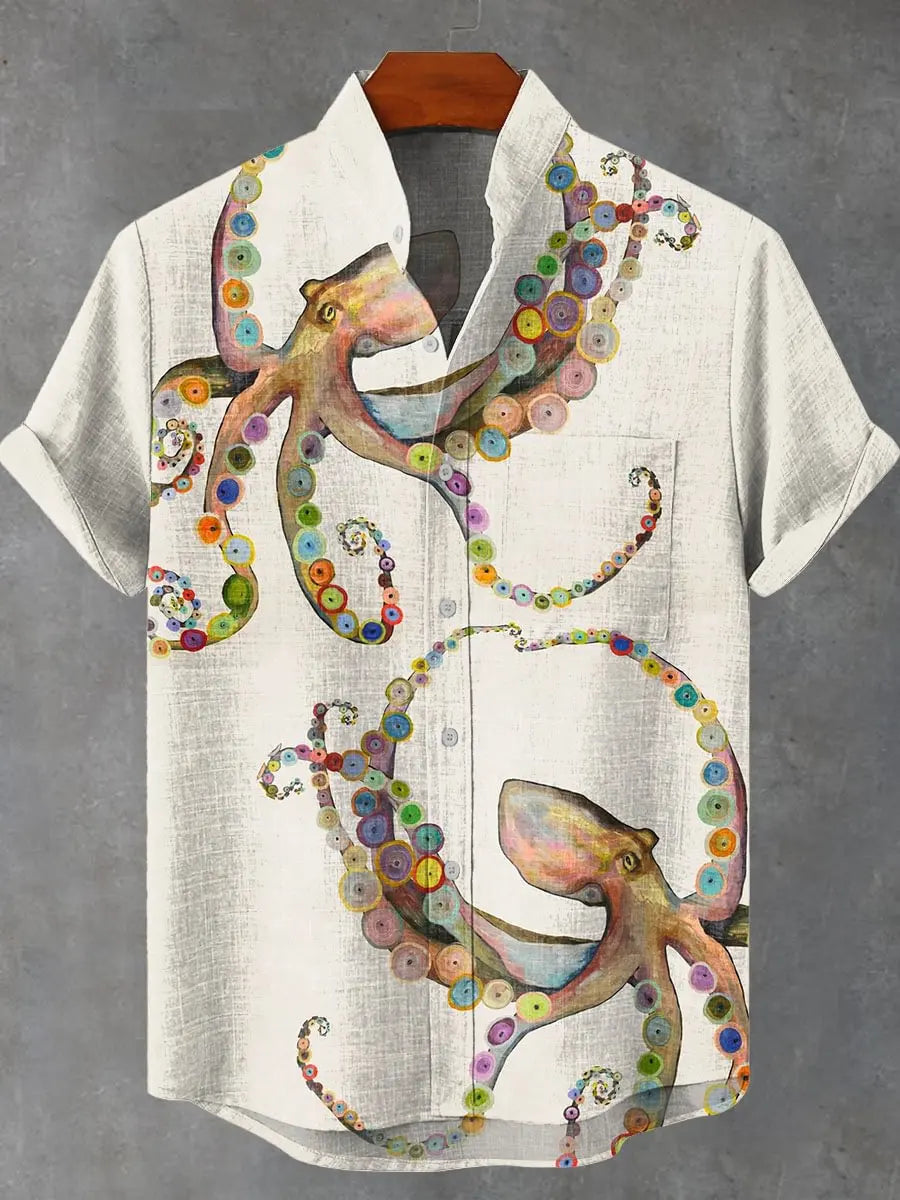 🐙 The Abyssal Kraken Art Edition: Premium Men’s Organic Linen Shirt – High-Definition Deep Sea Giant Octopus Print, Breathable Short-Sleeve Casual Button-Down, and Sophisticated Nautical Graphic Top
