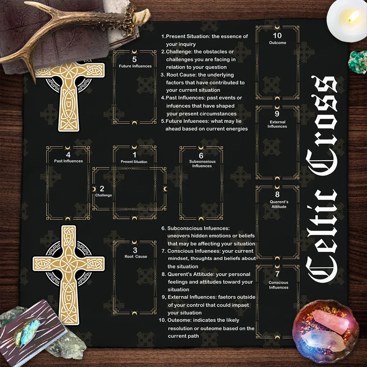 🔮Golden Celtic Cross Tarot Tablecloth – Elegant Polyester Altar Cloth Featuring Iconic Celtic Cross, Moon, Stars, and Floral Motifs HDS-2508241022