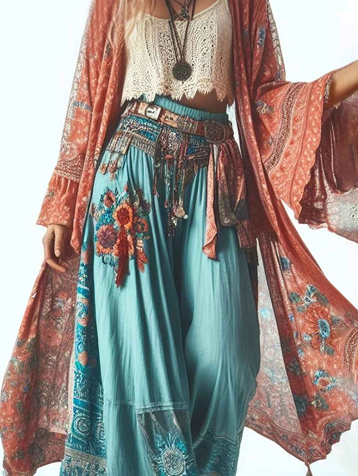 2025 Women’s Long Sleeve Boho Cardigan - Lightweight Mid-Length Boho Cardigan for Women with Vintage Print for Summer