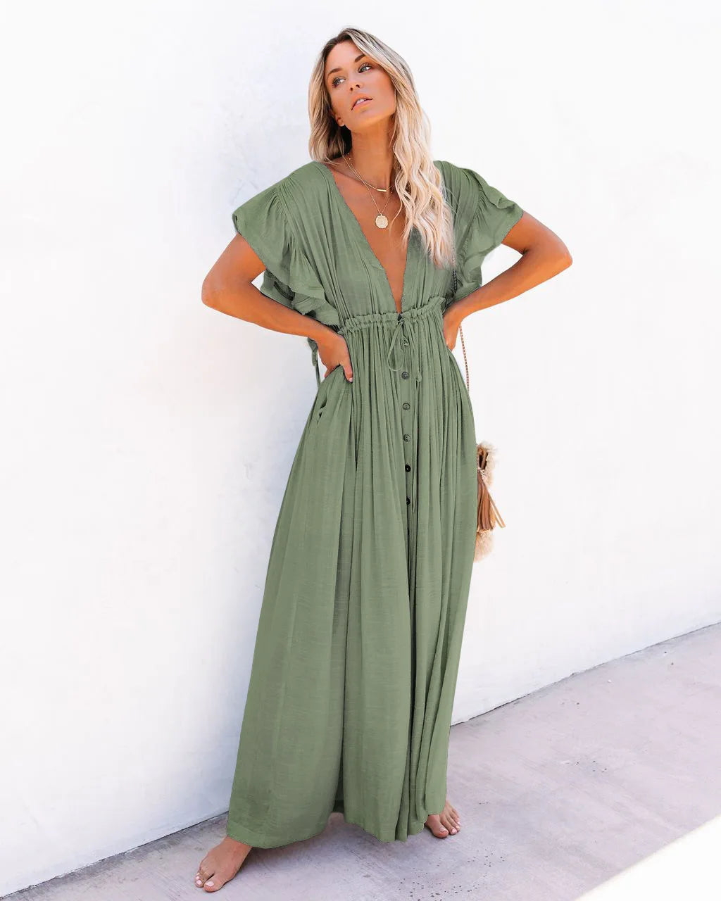 2024 Summer Long Bikini Cover Ups for Women Solid V-Neck Kimono Beach Dresses Lace Up Anti-Sun Swim Dress Bohemian Sarong Skirt