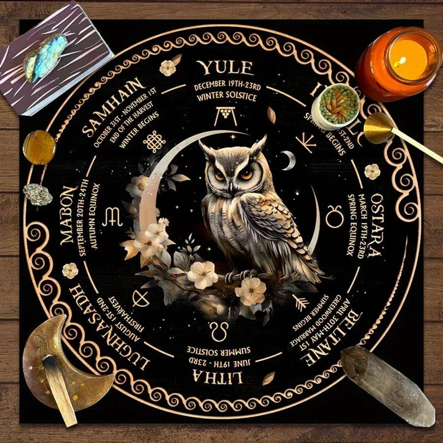 🦉Tarot Tablecloth | Astrology Wheel & Owl Design – Black Boho Witchcraft Dorm Decor with Sun and Moon Symbols