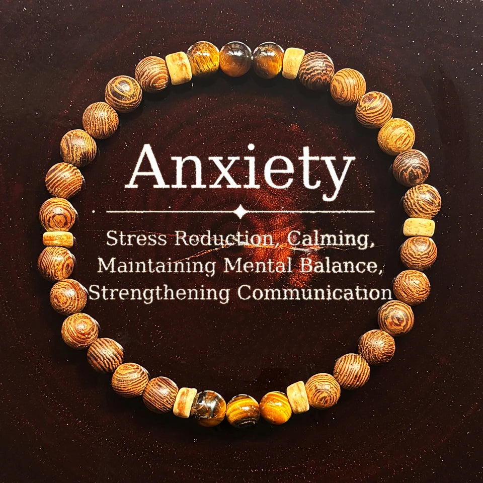 ✨ Anti-Anxiety & Stress Relief 6mm Bracelet – Tiger Eye Stone and Wood Beads – Unisex Handmade Jewelry Gift 18cm