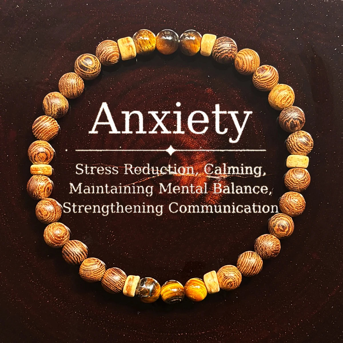 ✨ Anti-Anxiety & Stress Relief 6mm Bracelet – Tiger Eye Stone and Wood Beads – Unisex Handmade Jewelry Gift