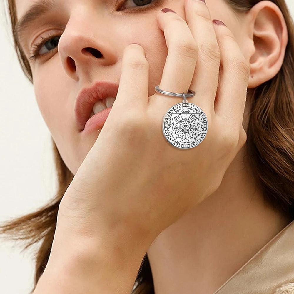 ✨ Stainless Steel Seal of The Seven Archangels Pendant Keychain – Solomon Kabbalah Protection Amulet | Durable Car Keyring Spiritual Jewelry