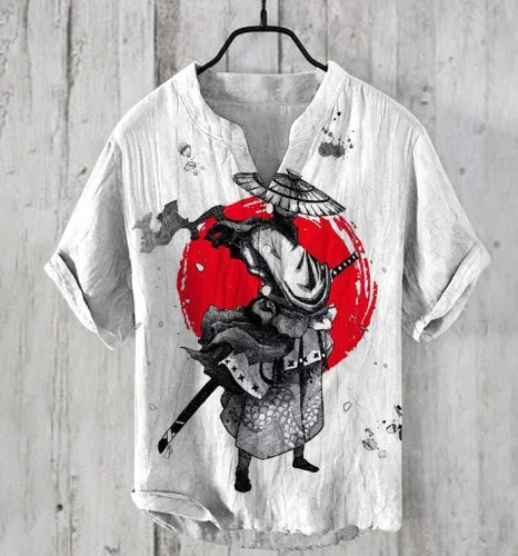 The Bamboo-Zen Anime Edition Premium Unisex Bamboo-Linen V-Neck Shirt - High-Definition Anime Feline Character Print Ultra-Breathable Eco-Fiber Blend Spring Summer Casual Button-Down Apparel WHITE