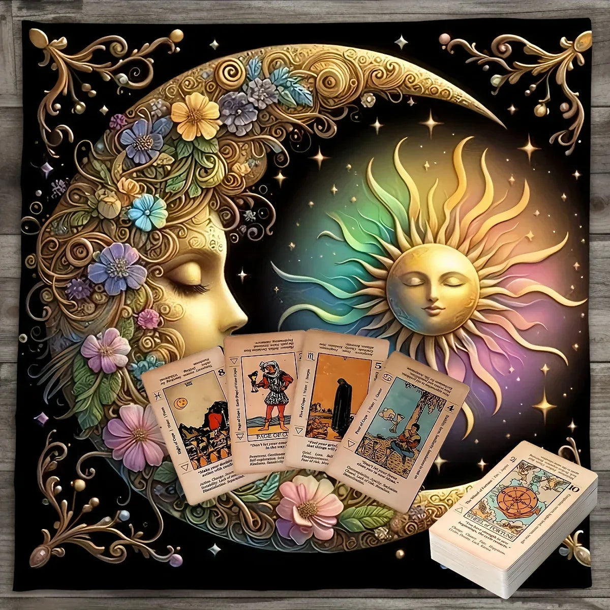 🃏 Elegant Sun & Moon Mandala Tarot Tablecloth – Starry Sky Witchcraft Altar Cloth for Astrology, Oracle Readings & Black Tarot Mat