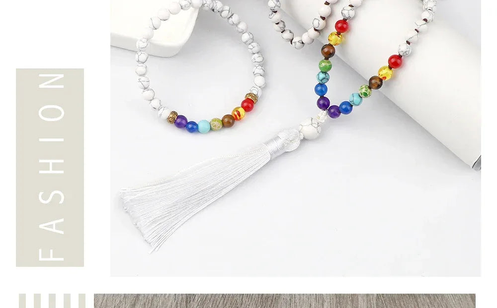 🤍 6mm White Howlite & 7 Chakra Hand-Knotted Mala Set (Necklace + Bracelet): Calming Sleep Aid & Anxiety Relief Yoga Jewelry – Meditation Japamala Rosary