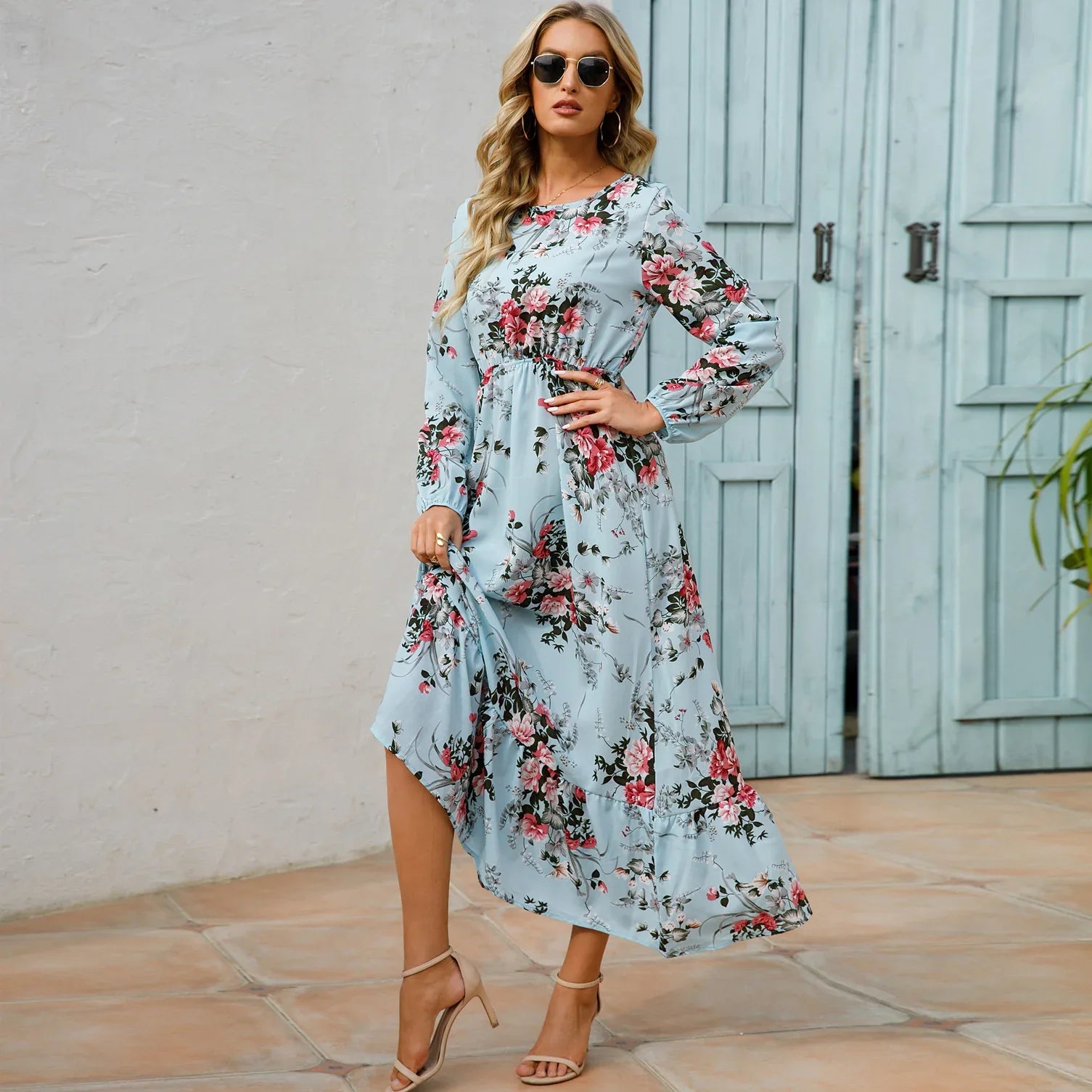 Women’s Bohemian Maxi Dress - Casual Chiffon Dress with Full Sleeves, High Waist, and Floral Print for Spring and Autumn