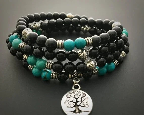 ✨ Turquoise & Onyx Mala Yoga Wrap Bracelet – 108 Prayer Beads Meditation Necklace for Spiritual Focus and Calm A16
