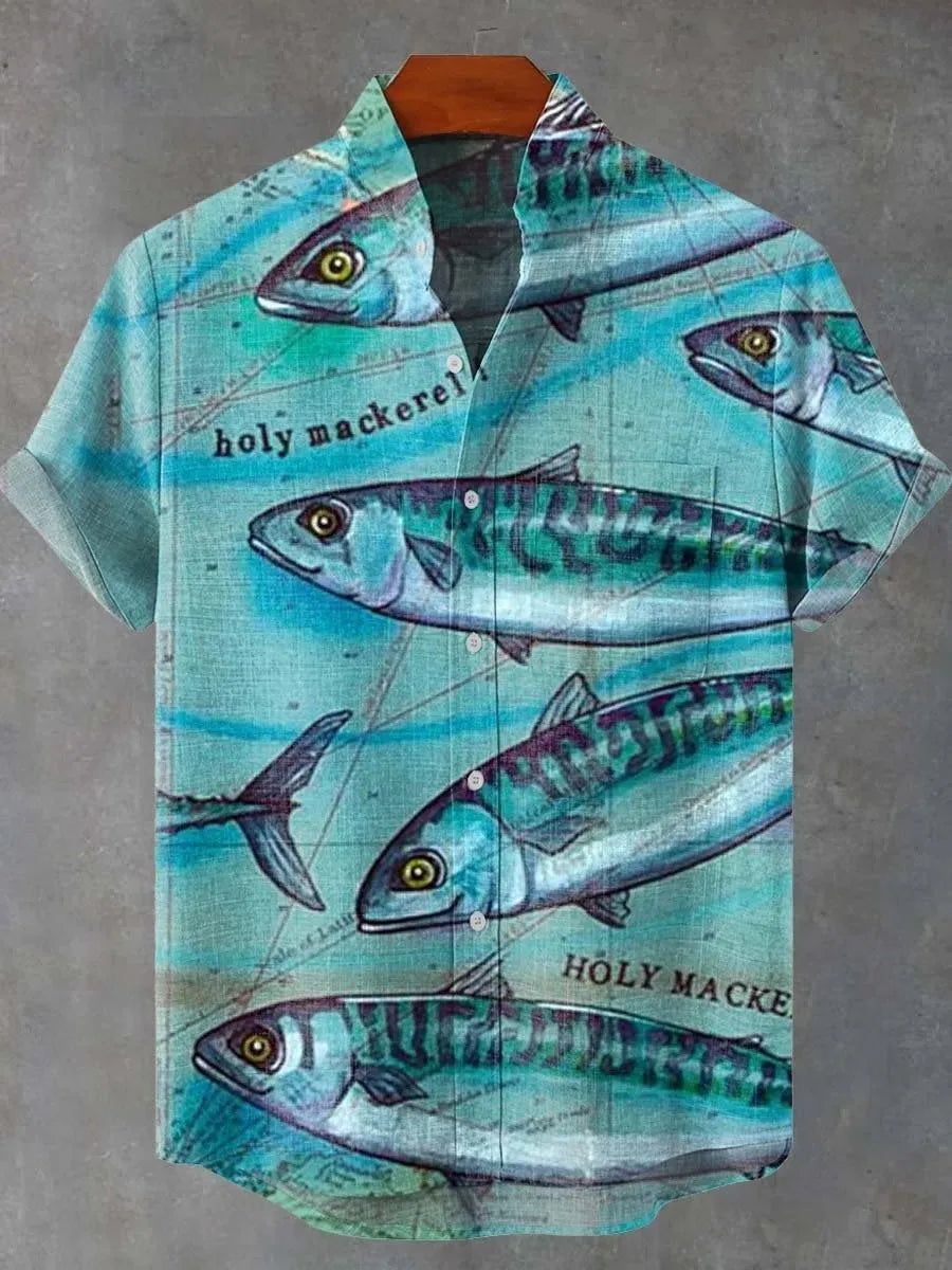 🌊The Vintage Angler’s Heritage: Premium Men’s Cotton-Linen Casual Shirt – Retro 3D Fish Pattern, Breathable Short-Sleeve Utility Top (Camisas De Hombre), and Sophisticated Coastal Silhouette SFQQQD1045
