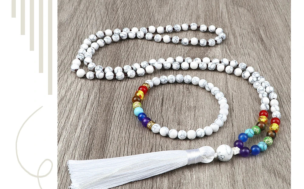 📿 108 Bead Howlite Japamala & 7 Chakra Bracelet Set: 6mm Hand-Knotted Mala Necklace – Calming Stone for Yoga Meditation & Anxiety Relief