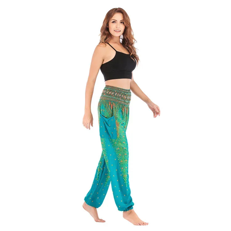 Women's Boho Yoga Pants - High Waist Floral Print Harem Leggings with Pockets for Comfort and Style