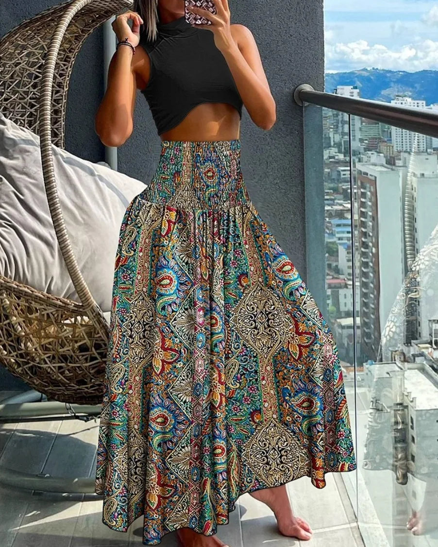 🛍️ Boho Beach Skirt – Vintage Printed Long A-Line Skirt with Elastic High Waist, Big Hem for Women’s Vacation and Spring-Summer Fashion Blue