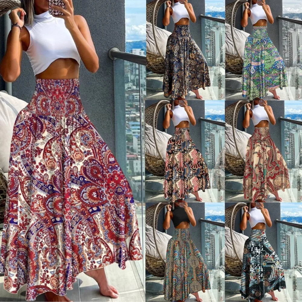 🛍️ Boho Beach Skirt – Vintage Printed Long A-Line Skirt with Elastic High Waist, Big Hem for Women’s Vacation and Spring-Summer Fashion