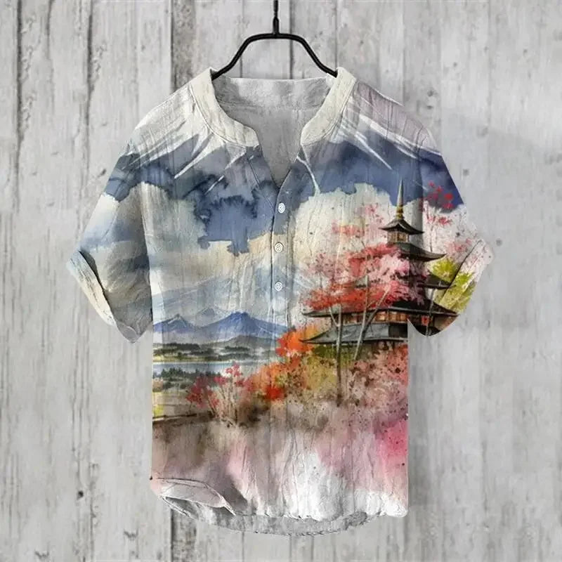 ⛩️ The Zen Crane Heritage: Premium Men’s 100% Pure Organic Linen Shirt – High-Definition Oriental Landscape Art Print, Sophisticated V-Neck Cut, and Plus Size (Up to 6XL) Luxury Casual Button-Down