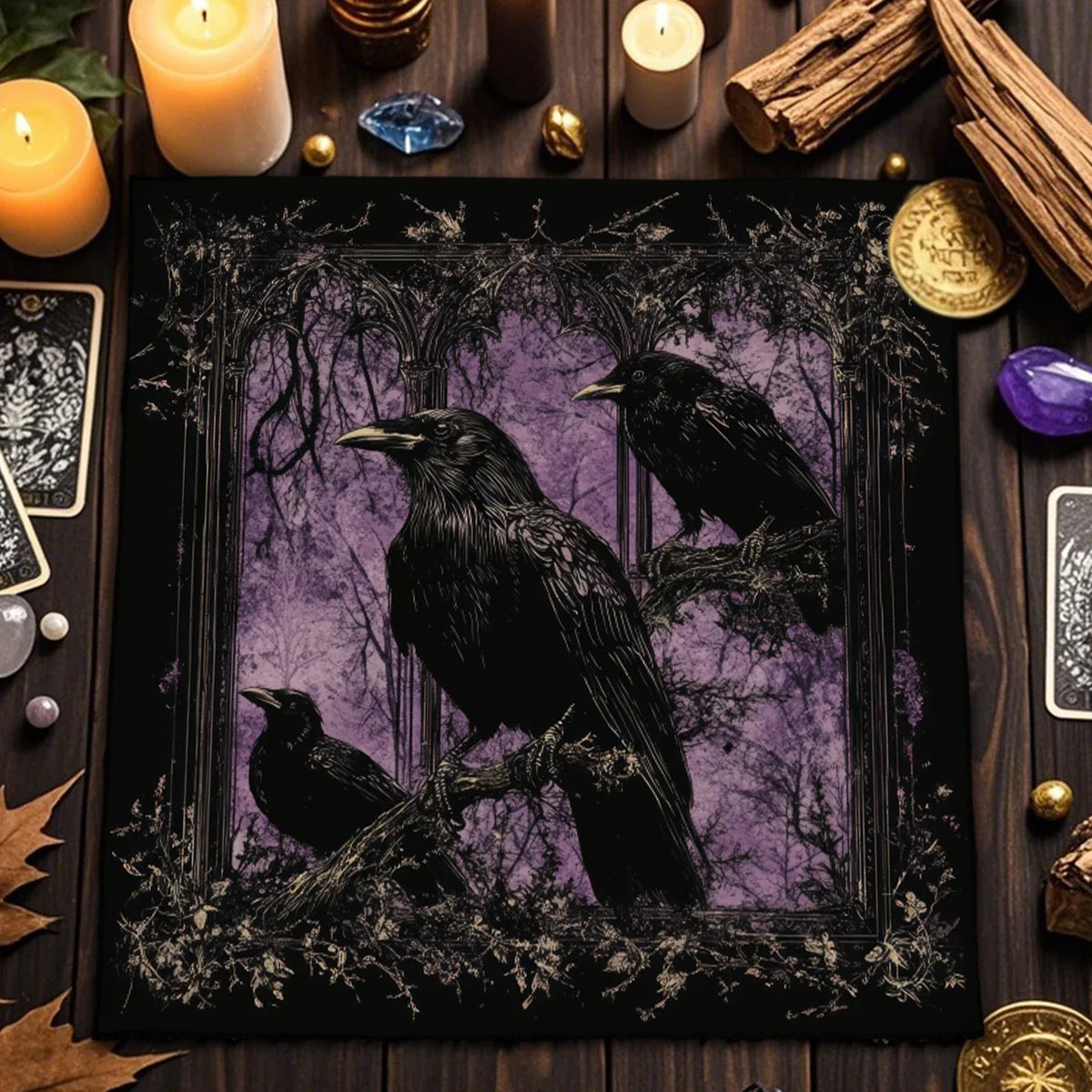 🃏Crow & Moon Phase Tarot Tablecloth – Star Divination Altar Cloth for Runes, Witchcraft Rituals & Mystical Party Game Decor TLB (846)