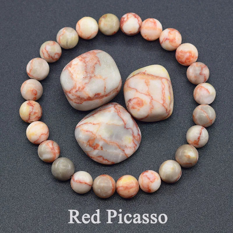 ✨ Natural Red Picasso Jasper Stone Beads Elastic Bracelet – Unisex Healing Crystal Jewelry with Round Red Pine Beads – Elegant Jade Bangle Gift 28 Red Picasso