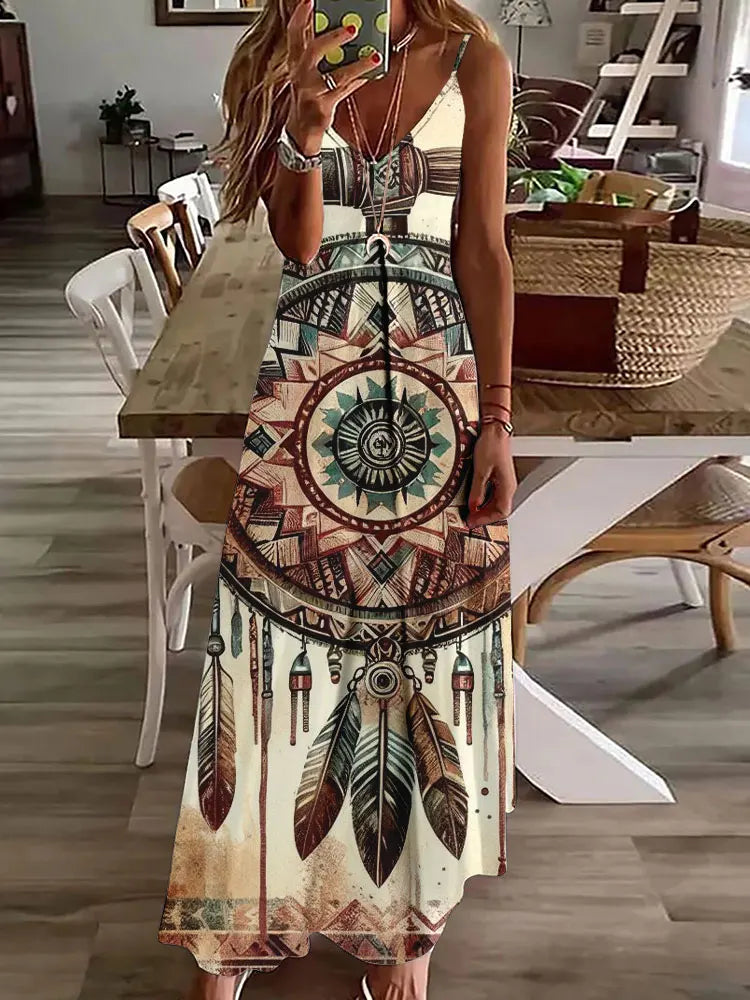 2024 New 3D Owl Vintage Print Dress for Women – Sleeveless Long Tribal Pattern Spaghetti Strap Summer Vest Dress BDQLTH248745517