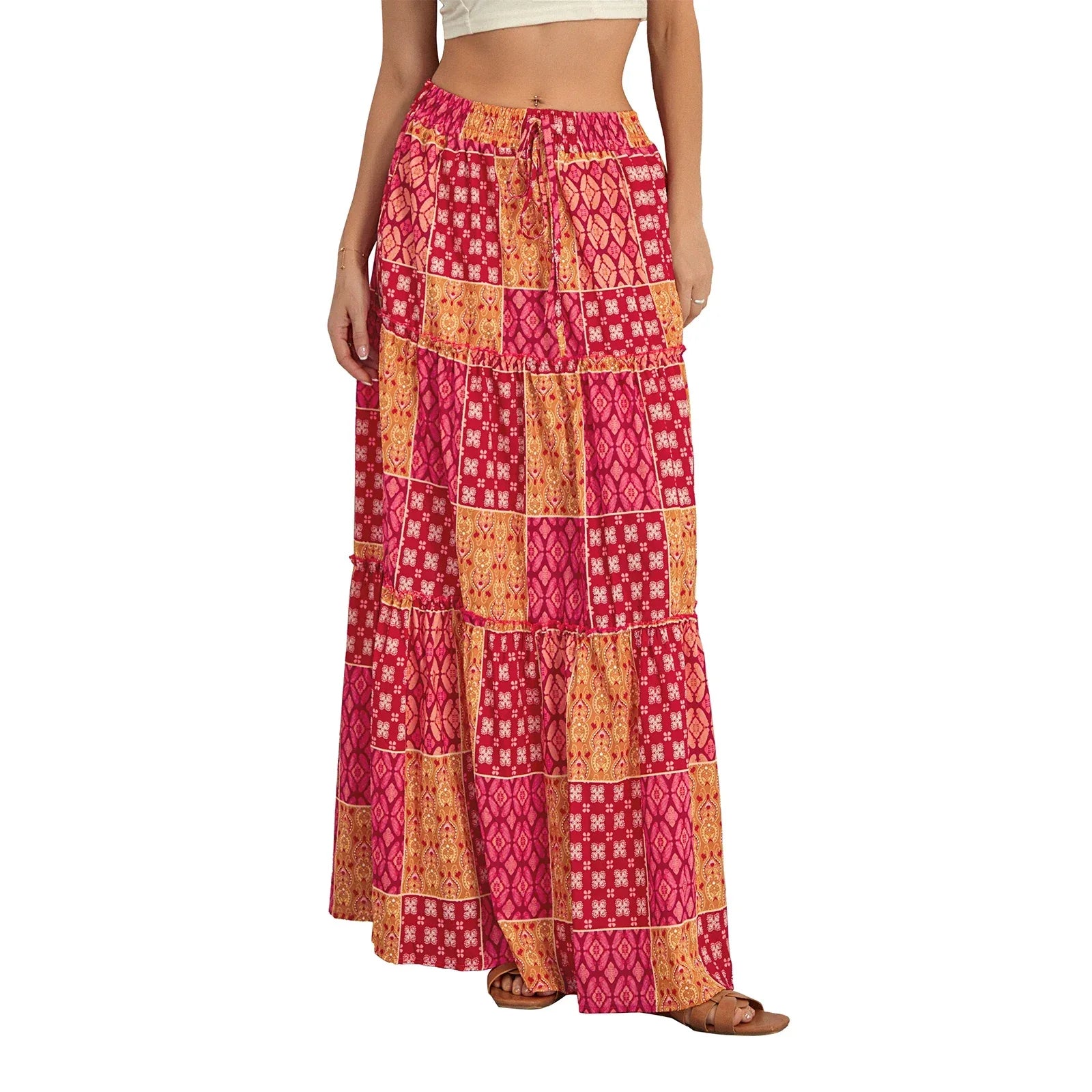 Women’s Bohemian High Waist Skirt A-Line Swing with Pockets - Drawstring Elastic Long Skirt A