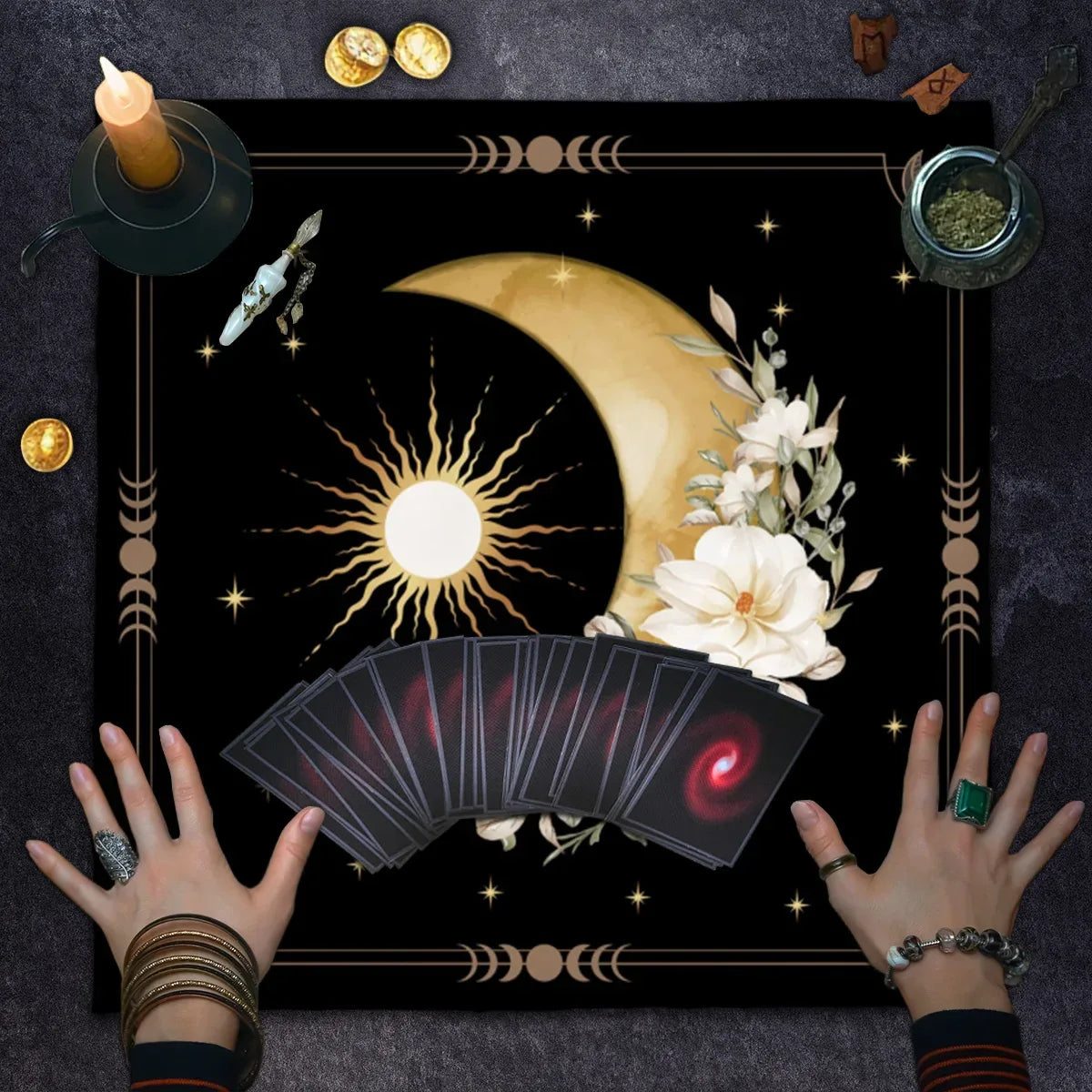 🌞🌙 Floral Tarot Tablecloth | Sun and Moon Altar Cloth – Ceremonial Cloth for Tarot Reading & Oracle Card Mat
