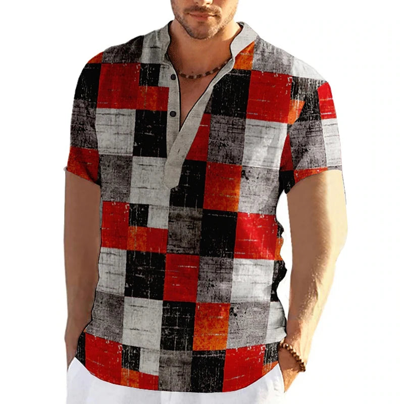 🎨 The Neo-Vintage 3D Patchwork Henley: Premium Men's Color-Block Fashion Tee – High-Definition Digital Print, Breathable Short-Sleeve 3-Button Henley, and Sophisticated Slim-Relaxed Fit