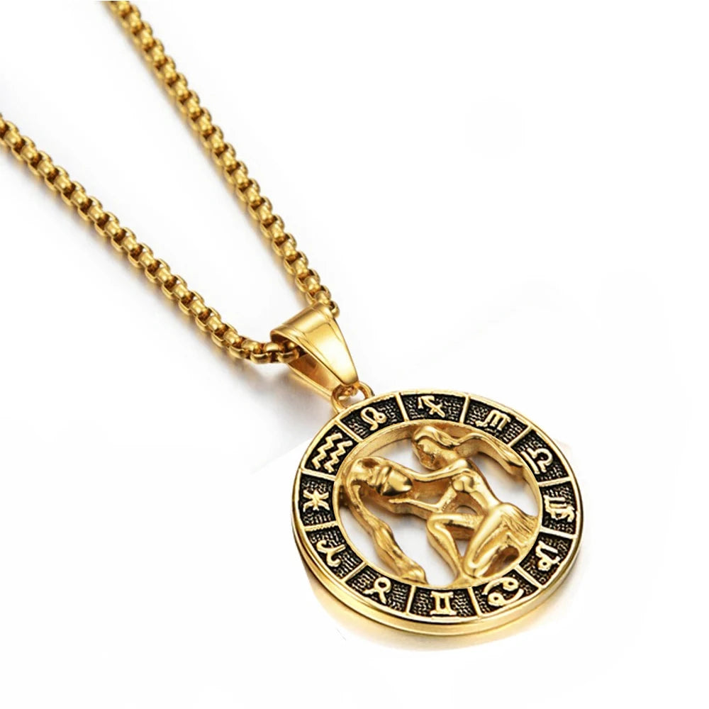 ♌♏ Zodiac Sign Leo Scorpio Pendant Necklace – Gold Color Stainless Steel Round 12 Constellation Design Unisex Astrology Jewelry Stylish Gift for Women and Men Aquarius Gold Color