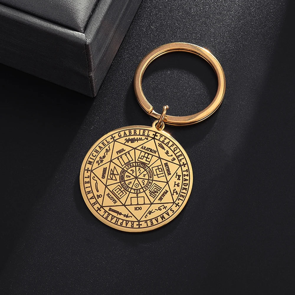 ✨ Stainless Steel Seal of The Seven Archangels Pendant Keychain – Solomon Kabbalah Protection Amulet | Durable Car Keyring Spiritual Jewelry