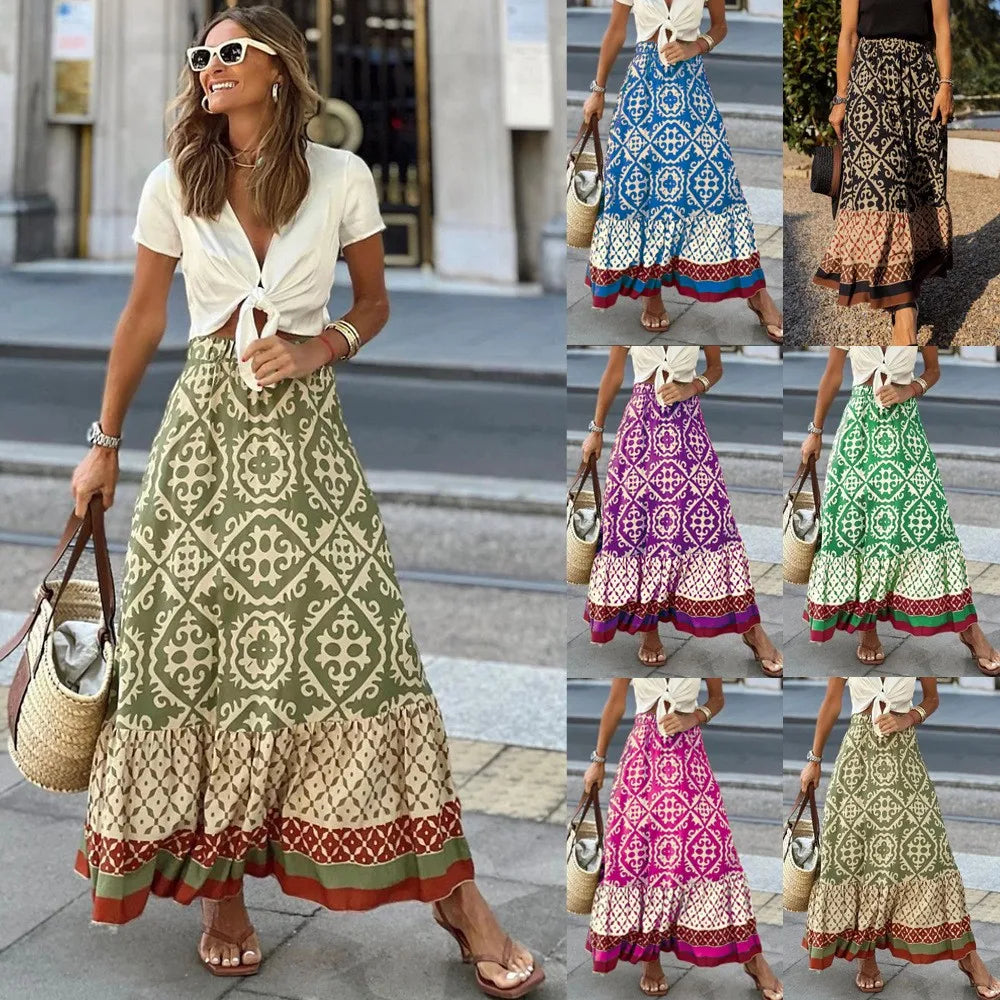 🌟 Women's Large Swing Skirt European And American Foreign Trade Printed Loose Splicing Half Skirt﻿