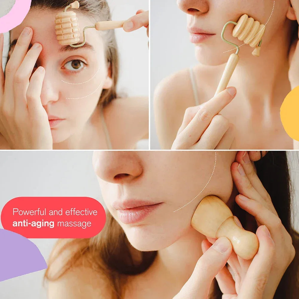 Wood Therapy Face Massager – Face Lifting Maderoterapia Gua Sha Wrinkle Remover, Skin Scraper, Anti-Cellulite Neck Lift Beauty Tool﻿