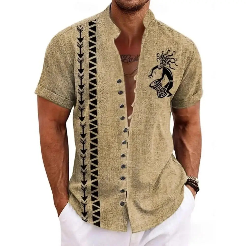 🗿 The Ethnic Totem Edition: Premium Men’s Modern-Retro Linen Shirt – High-Definition Tribal Totem Graphic Print, Breathable Organic Cotton-Linen Blend, and Sophisticated Urban-Casual Short-Sleeve bkcs7