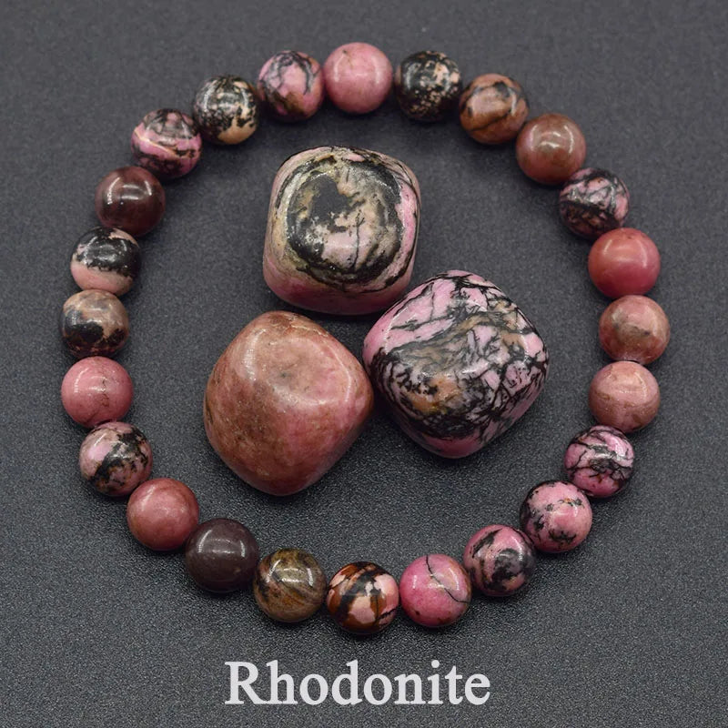 ✨ Natural Red Picasso Jasper Stone Beads Elastic Bracelet – Unisex Healing Crystal Jewelry with Round Red Pine Beads – Elegant Jade Bangle Gift 24 Rhodonite