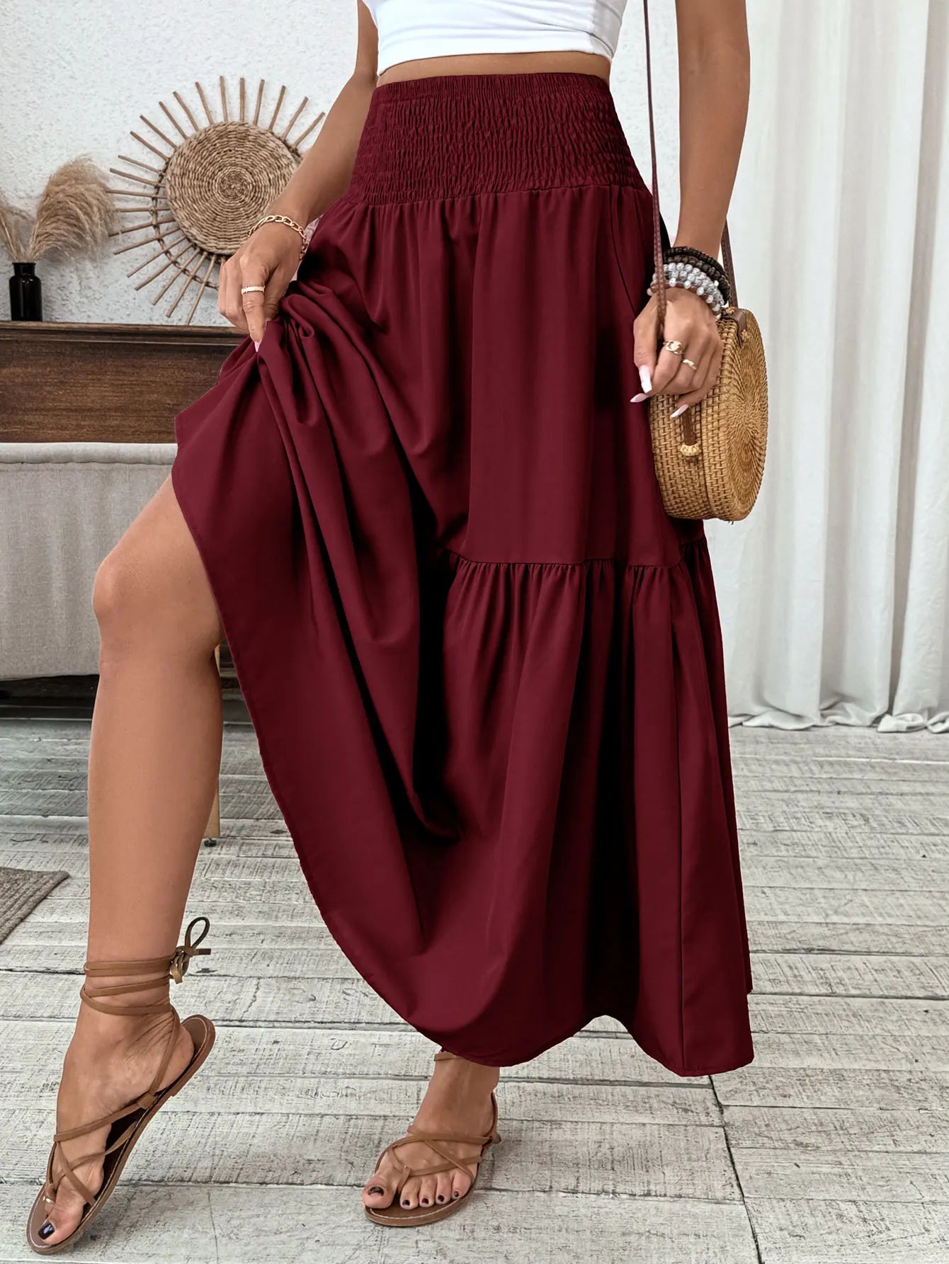 🌟 Women New Classic Printed Skirt Retro High Waist Long Skirt Casual Stylish Loose Beach Skirt Elegant Ladies Floral Pleated Skirt﻿