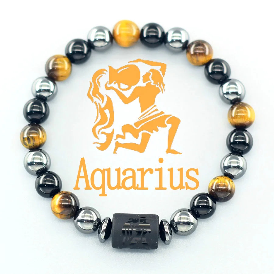 ✨ 12 Zodiac Sign Bracelet Homme – Natural Yellow Tiger Eye Stone & Hematite Constellation Bangle – Cancer, Taurus, Libra Astrology Bracelet for Women 14 Aquarius 8 mm Beads