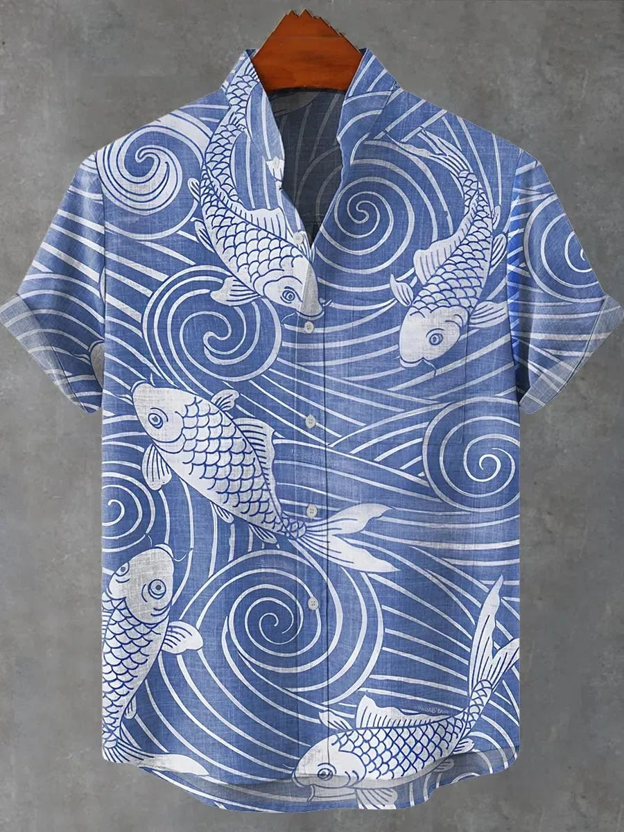 🌊The Vintage Angler’s Heritage: Premium Men’s Cotton-Linen Casual Shirt – Retro 3D Fish Pattern, Breathable Short-Sleeve Utility Top (Camisas De Hombre), and Sophisticated Coastal Silhouette SFQQQD1048
