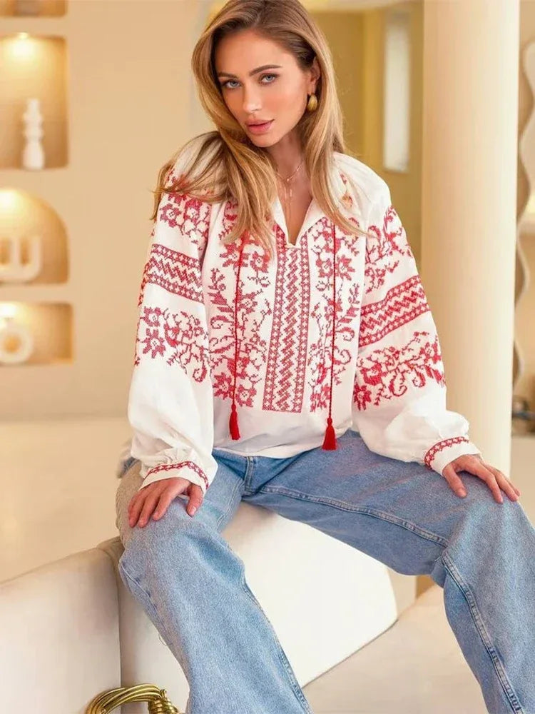 🌿 Nomad Spirit: Retro National Print Lantern Sleeve Blouse – Boho Lace-Up Tassel Top & Loose Casual Tunic