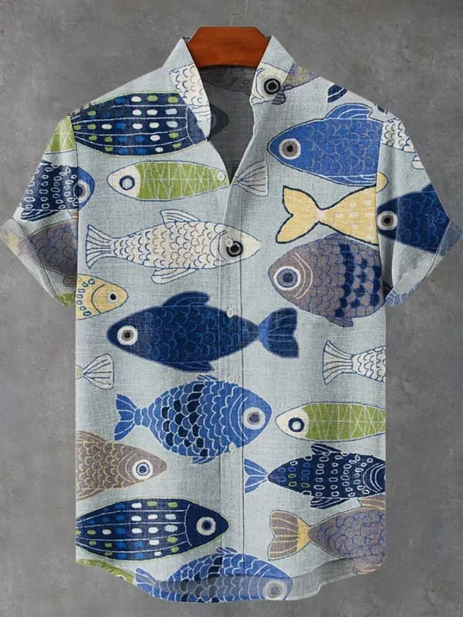 ✨ The Zen-Artisan Fish Print Linen Shirt: Premium Men's Casual Summer Button-Up – High-Definition Artistic Graphics, Breathable Linen-Blend Fabric, and Sophisticated Relaxed Fit