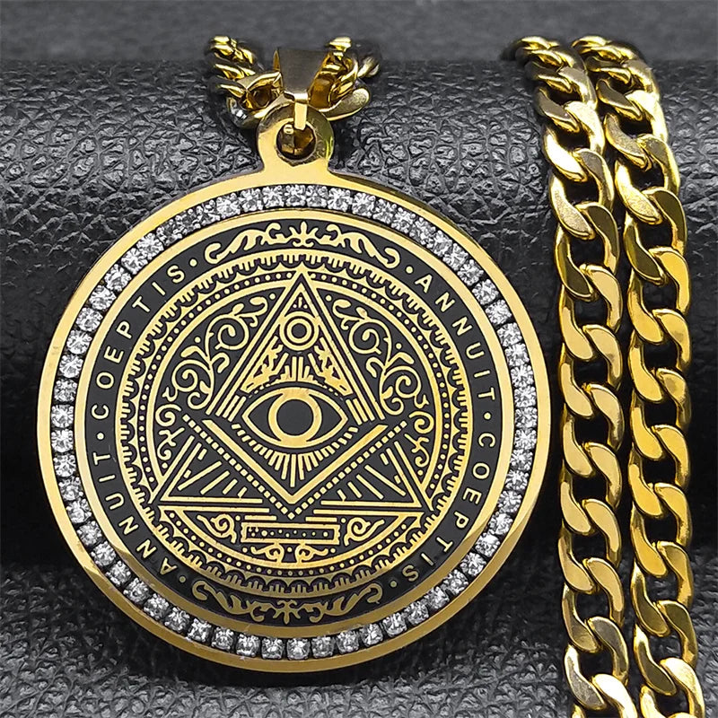 👁️ Eye of Providence Illuminati Pyramid Necklace – Large Crystal Pendant | Men's Hip Hop Style | Stainless Steel Gold Color Chain Accessories 60cm NK GD