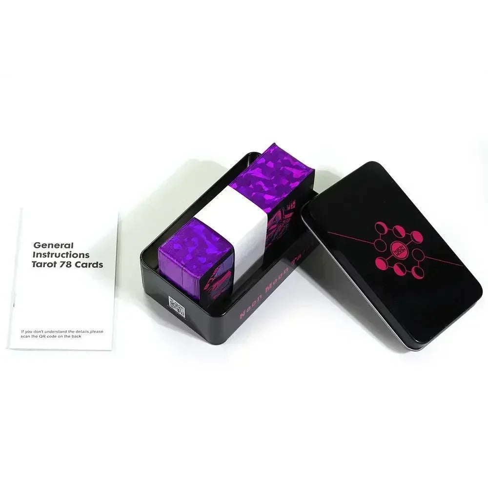 🌑 Neon Moon Tarot Deck – 78 Cards | Compact 10.3 x 6 cm | Includes Guidebook & Tin Box | Fusion of The Light Seers & Adventure Time Tarot | Family & Party Divination Game