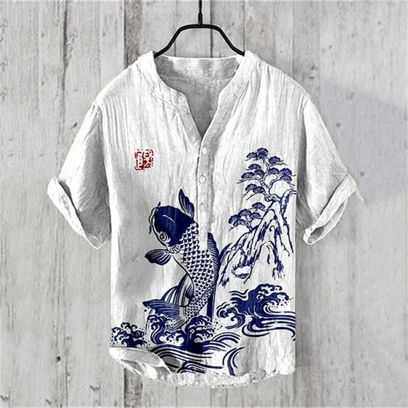 🌊 The Kanagawa Gallery Edition: Premium Men’s Summer V-Neck – High-Definition "The Great Wave off Kanagawa" Graphic Print, Breathable Linen-Blend Performance Fabric, and Sophisticated Modern-Fit Designer Tee