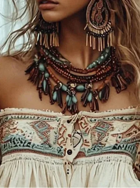 Chic Bohemian Off-Shoulder Blouse with Ethnic Print, Lantern Sleeves, and Single-Breasted Design for Trendy Summer & Autumn Casual Wear