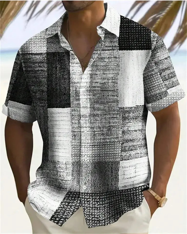 🎨 The Geometric 3D Block Masterpiece: Premium Men's Color-Block Hawaiian Shirt – High-Definition Digital Print, Breathable Short-Sleeve Button-Down, and Inclusive Oversized Silhouette (Up to 5XL)