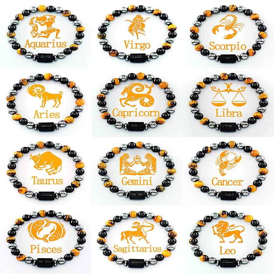 ✨ 12 Zodiac Sign Bracelet Homme – Natural Yellow Tiger Eye Stone & Hematite Constellation Bangle – Cancer, Taurus, Libra Astrology Bracelet for Women 2 12 Pieces 8 mm Beads