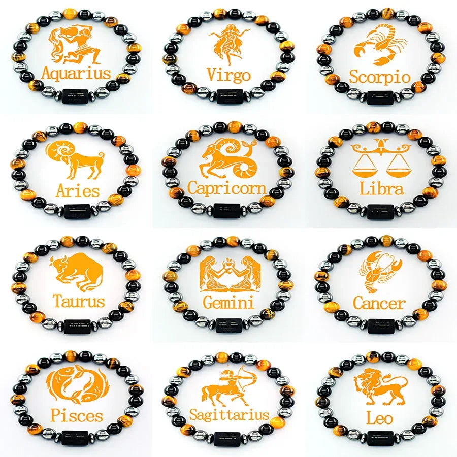✨ 12 Zodiac Sign Bracelet Homme – Natural Yellow Tiger Eye Stone & Hematite Constellation Bangle – Cancer, Taurus, Libra Astrology Bracelet for Women 2 12 Pieces 8 mm Beads