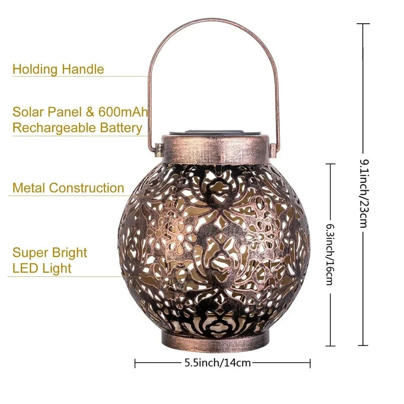 Solar LED Lantern with Hollow Wrought Iron Design – Waterproof Outdoor Hanging Projection Lamp for Garden and Yard Decor