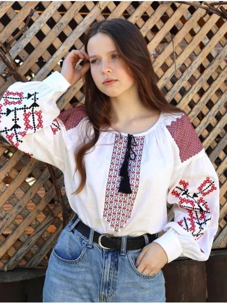 👗 Retro Print Blusas Mujer Indie Folk Woman 2025﻿ – Shirts & Blouses with O-neck, Tassel Lace-Up Detail, Loose Casual Fit, New Tops