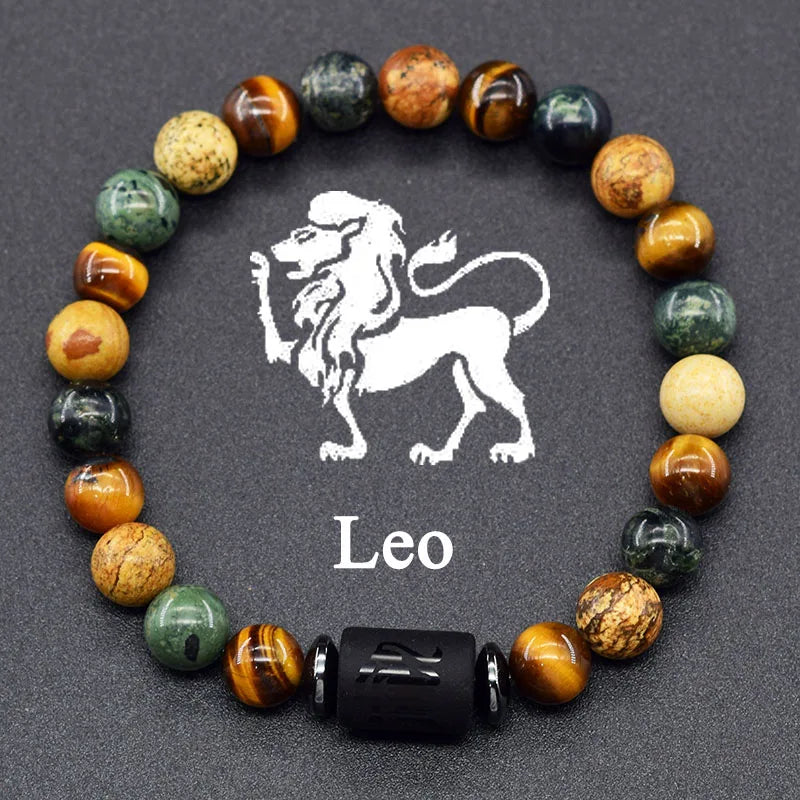 ✨ 12 Zodiac Constellation Signs Bracelet – Tiger Eye & Sparrow Picture Stone Beads – Virgo Charm Couple Jewelry for Men & Women 11 Leo 8 mm Beads