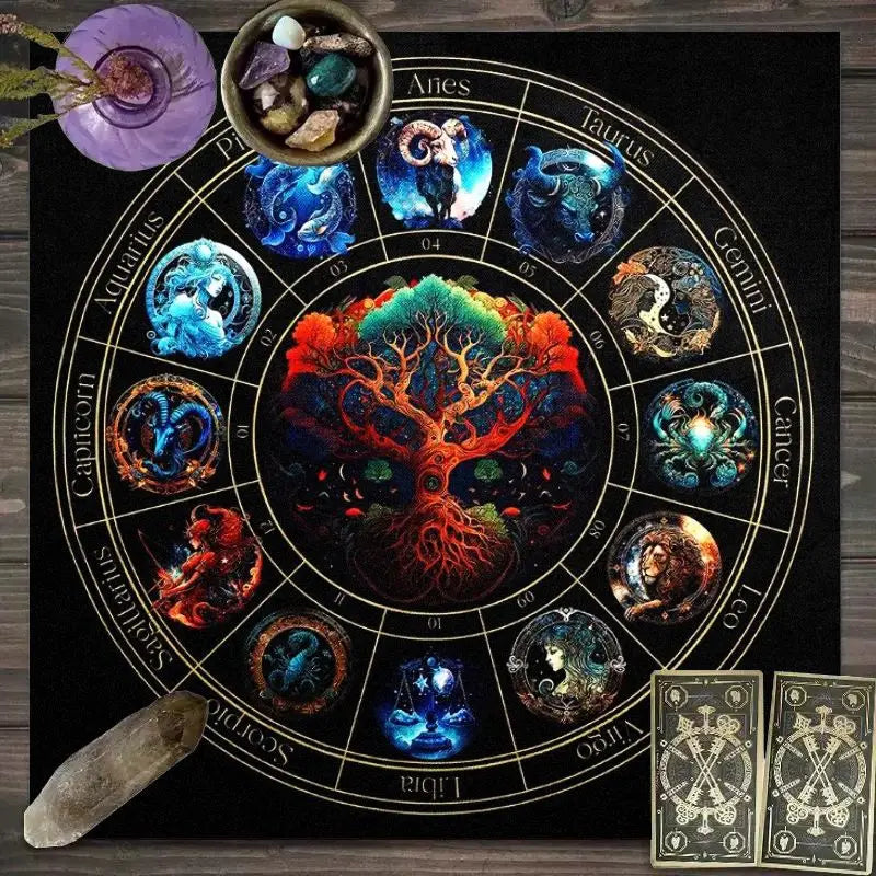 🃏 VIKAMA Astrology Energy Tablecloth – Waterproof Tree of Life & Zodiac Signs Meditation Cloth for Divination, Rituals & Mystic Home Decor YLB-607
