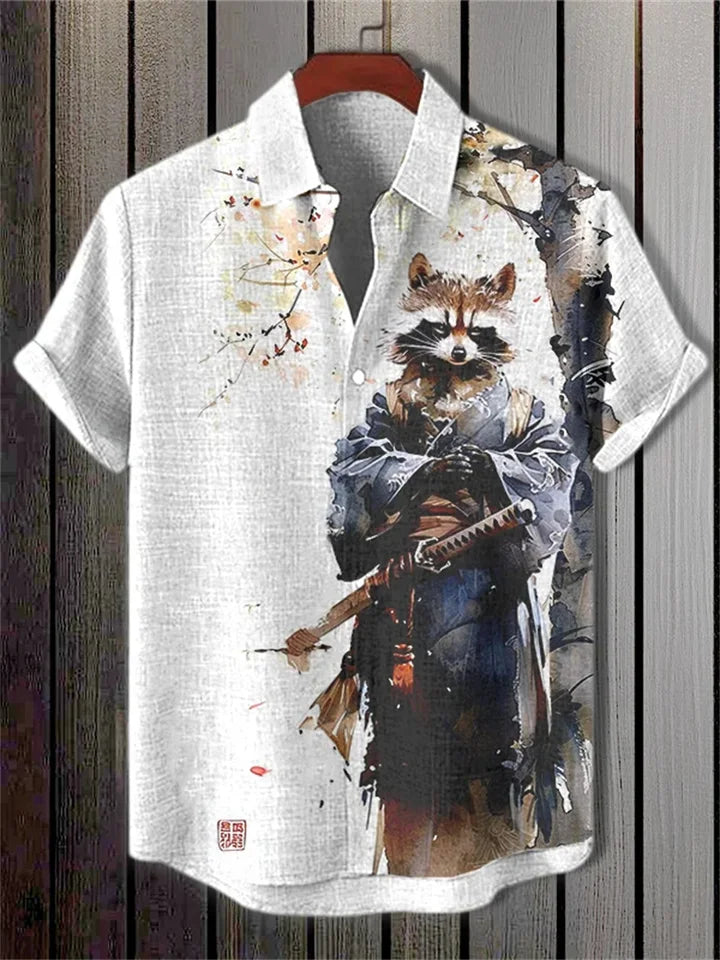 ⚔️ The Neko-Warrior Heritage: Premium Men’s 3D Samurai Cat Linen Shirt – High-Definition Plum Blossom Graphic Print, Breathable Organic Cotton-Linen Blend, and Sophisticated Harajuku-Inspired Summer Button-Down