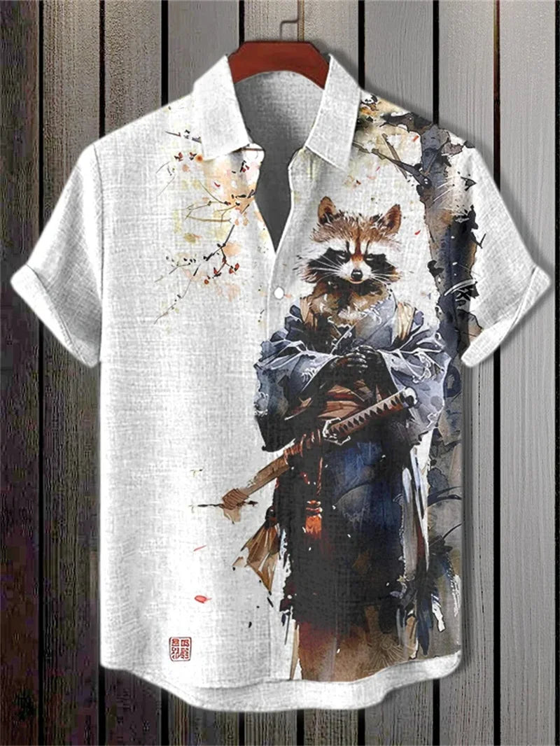 ⚔️ The Neko-Warrior Heritage: Premium Men’s 3D Samurai Cat Linen Shirt – High-Definition Plum Blossom Graphic Print, Breathable Organic Cotton-Linen Blend, and Sophisticated Harajuku-Inspired Summer Button-Down ML651