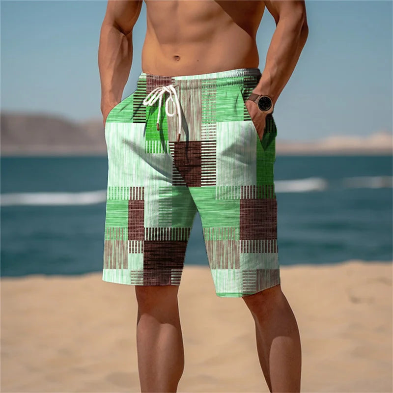 🏁 The Geometric Terry-Luxe Masterpiece: Premium Men's 3D Plaid Graphic Shorts – High-Definition Digital Print, Ultra-Soft Breathable Terry Fabric, and Mid-Rise Elastic Drawstring Waist (Daily & Beach Ready) DK2024TGBA034